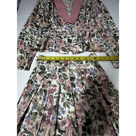 Rare Vintage Wrapper Bohemian 2 pcs Floral Print Suit Blazer Skirt Pink Trim SzS - Picture 12 of 16